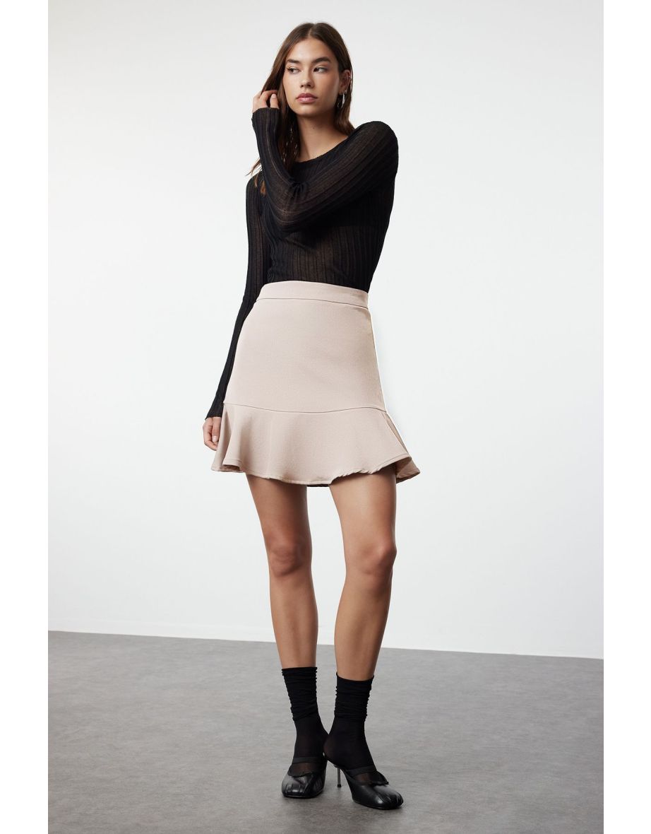 Beige Flounce Hem Mini Woven Skirt