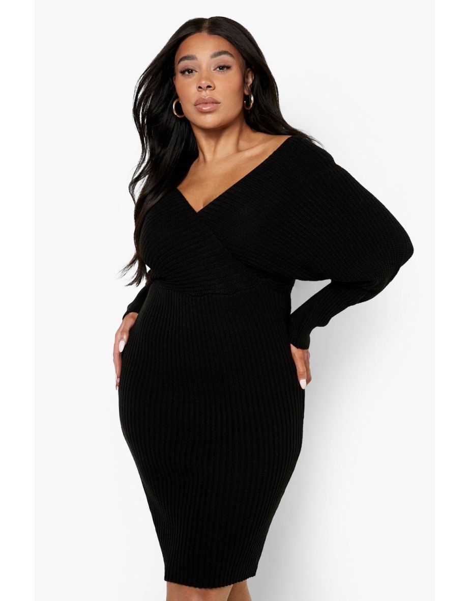 Plus Off The Shoulder Rib Knit Jumper Dress - black - 3