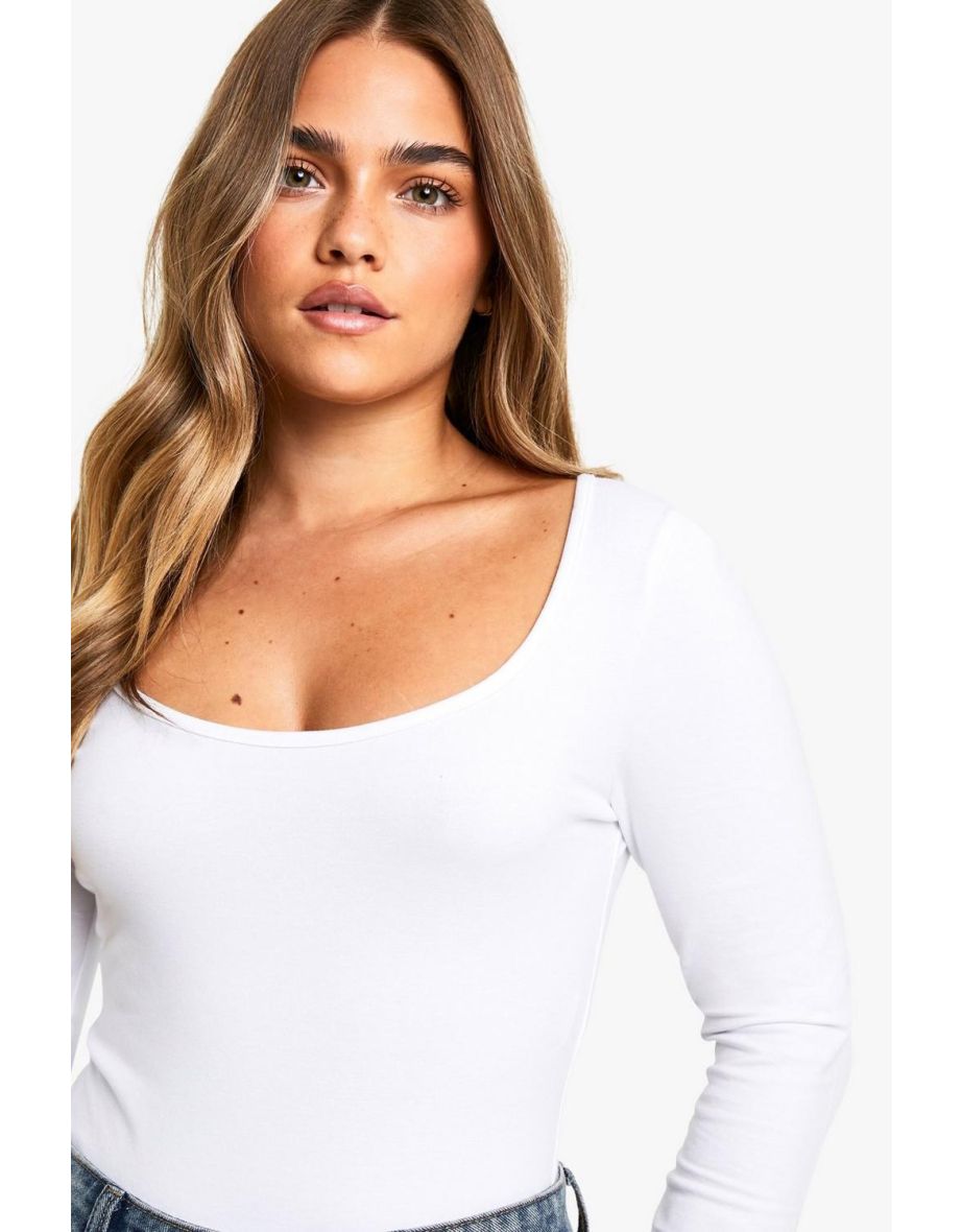 Petite Basic Long Sleeve Scoop Neck Bodysuit - white - 3