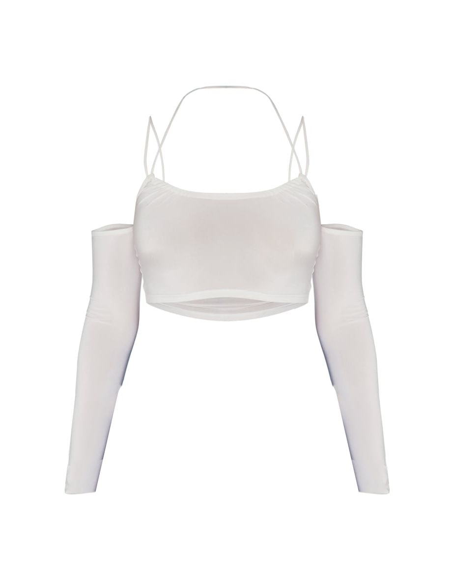 White Slinky Ruched Halter Cold Shoulder Crop Top - 4