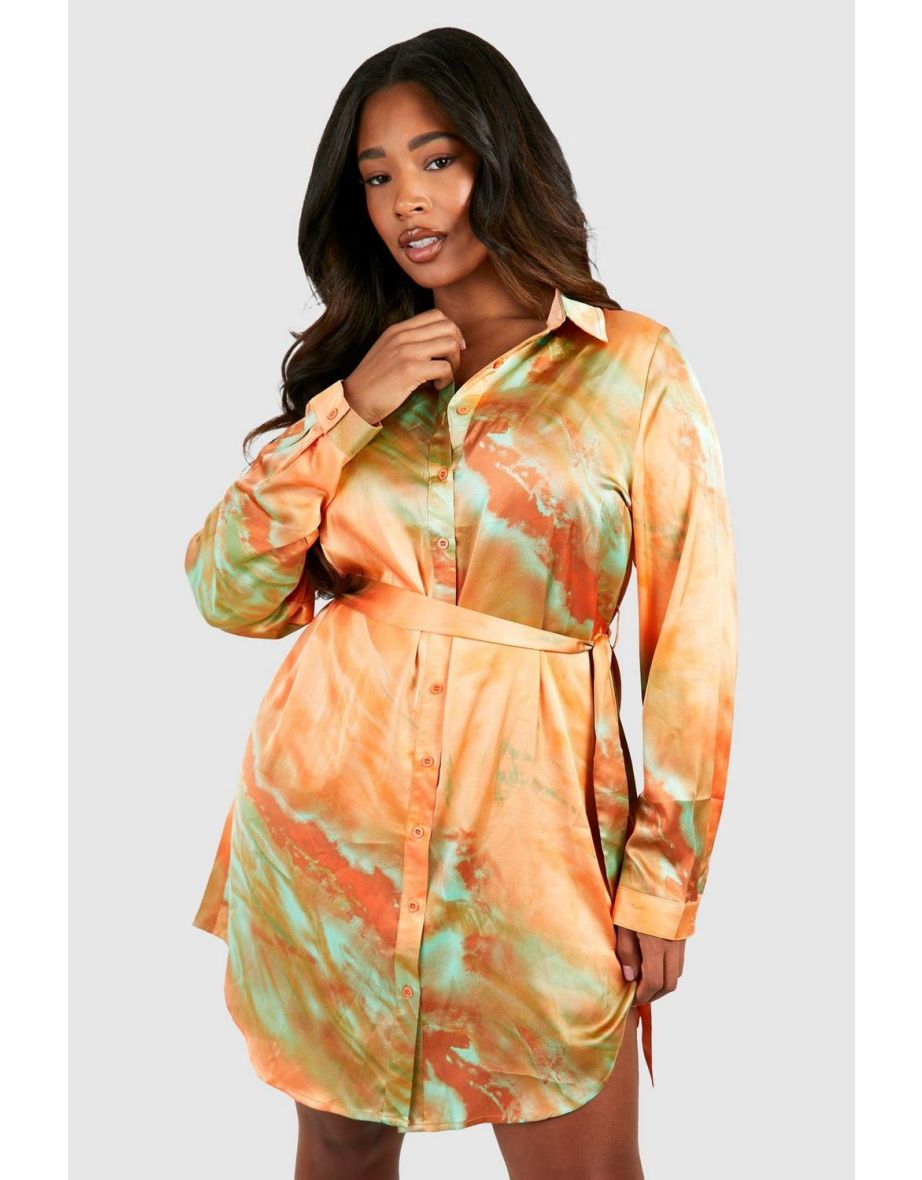 Plus Ombre Dating Printed Shirt Dress - orange