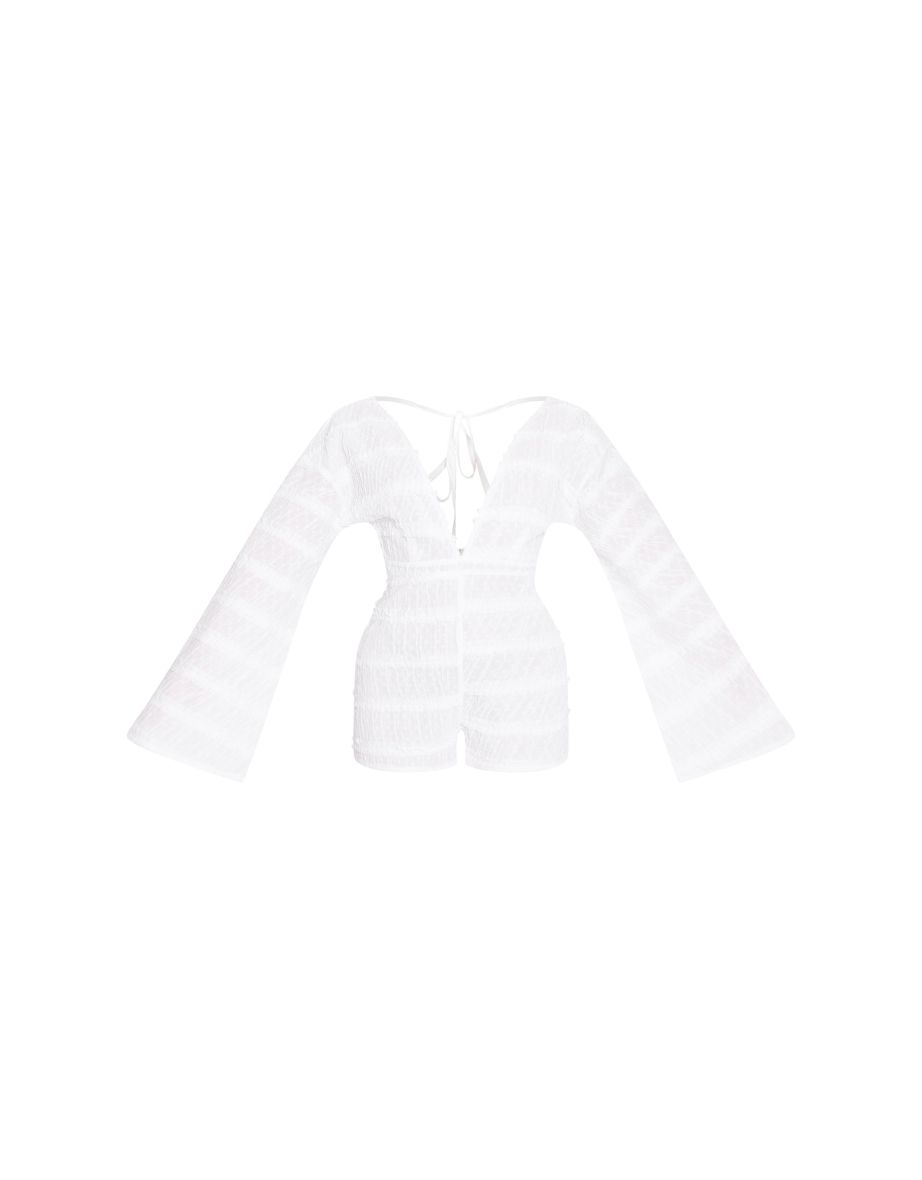 White Dobby Textured Flare Sleeve Plunge Playsuit - 4