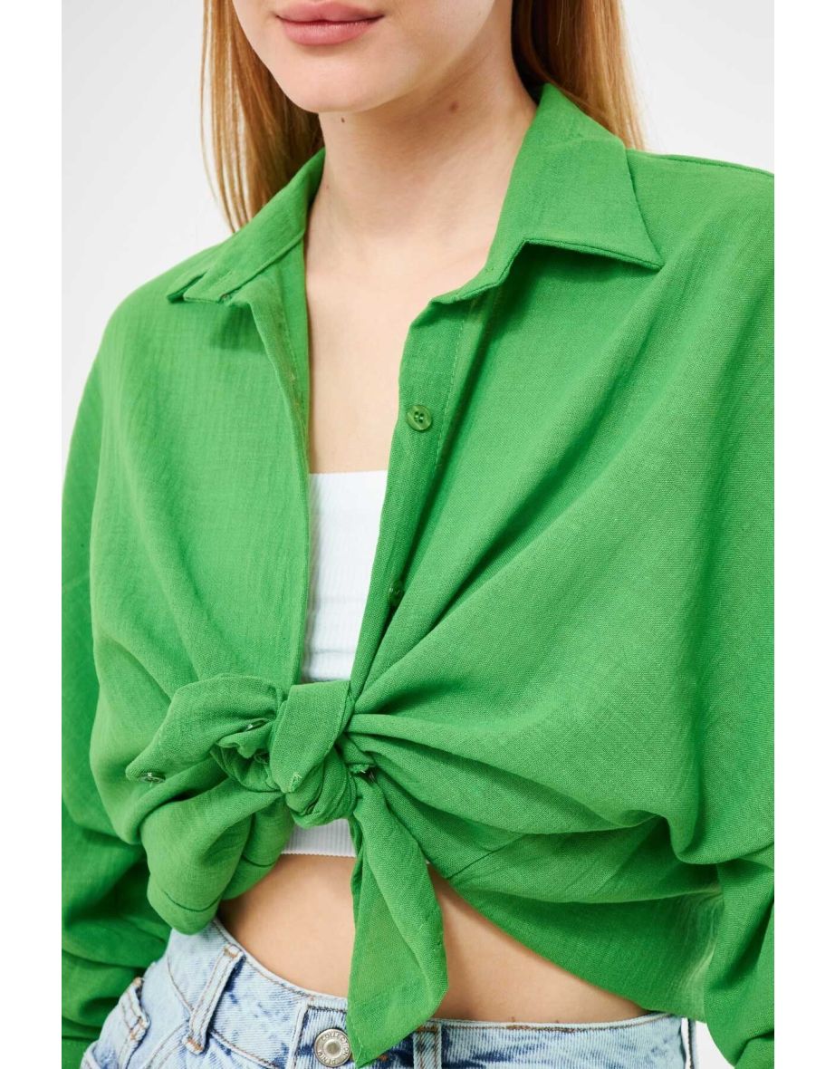 Women's Green Oversize Textured Linen Look Wide Cuff Shirt Arm - 4