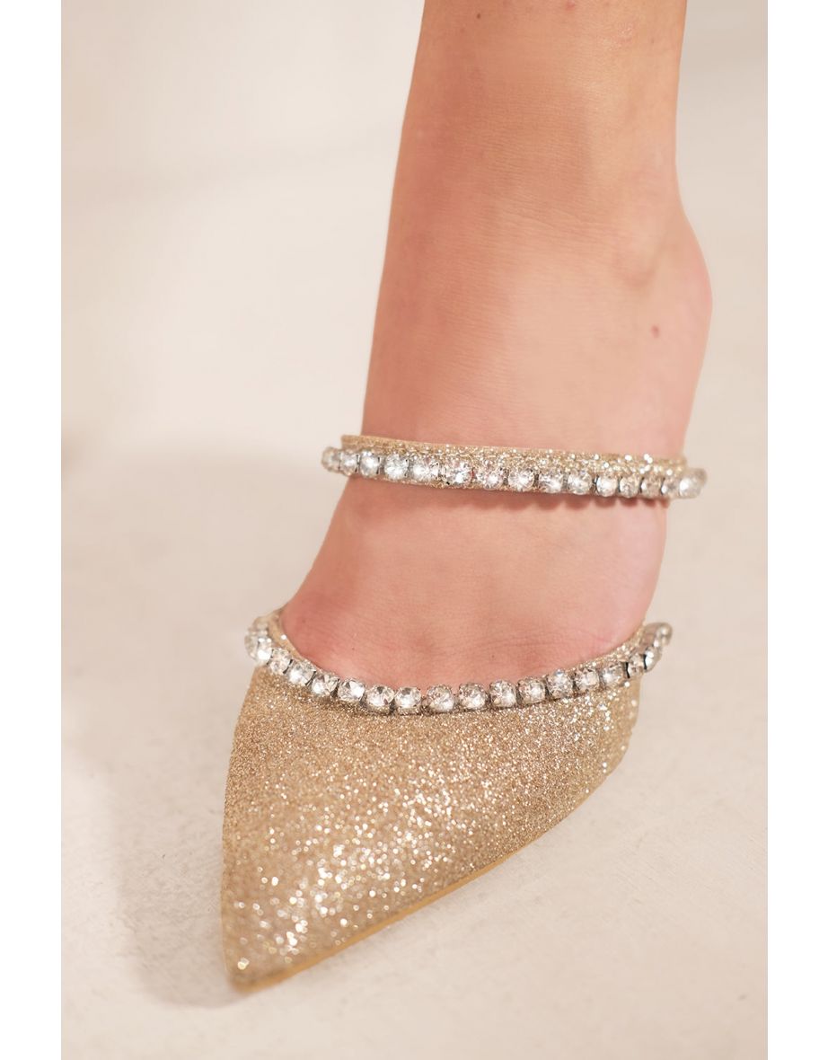 AERITH POINTED TOE HIGH HEEL MULES WITH DIAMANTE STRAP IN GOLD GLITTER - 1