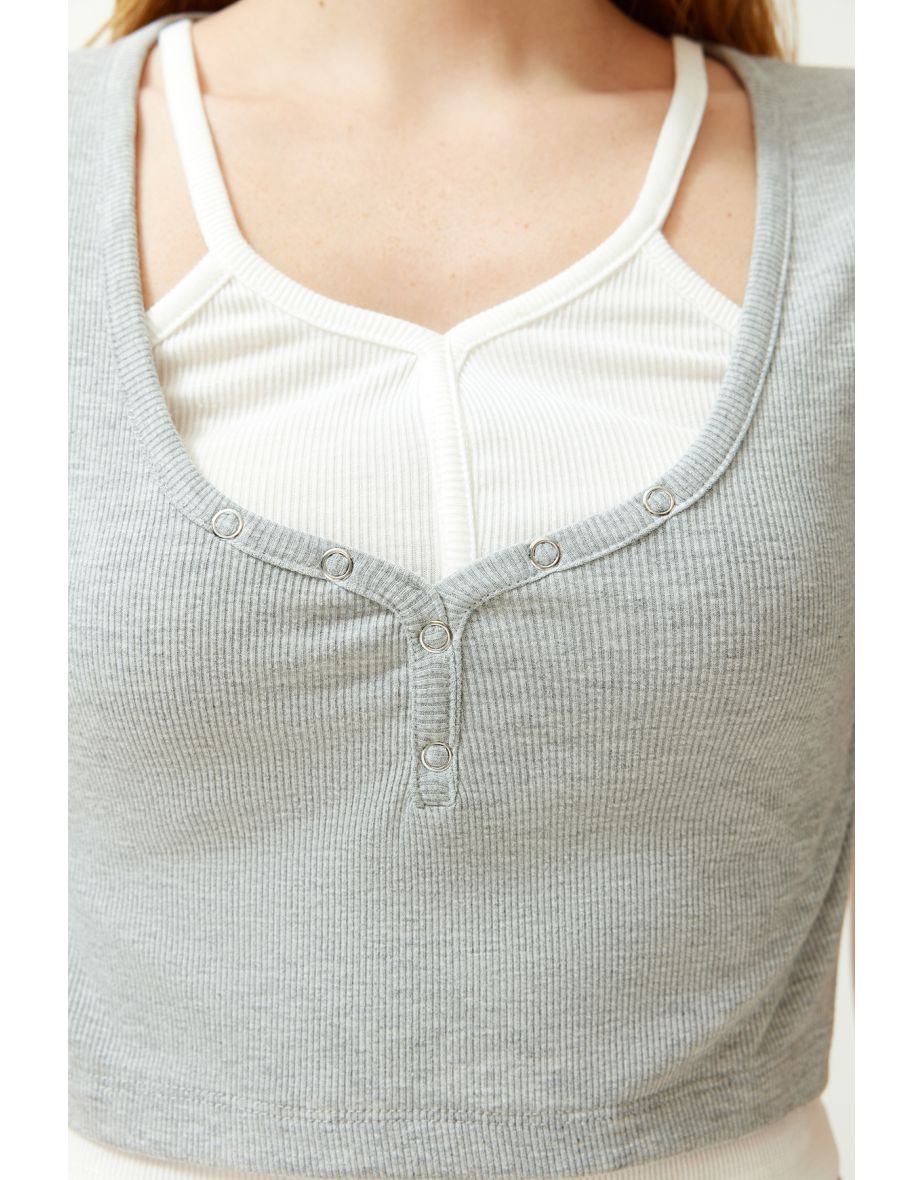 Gray Double Layer Detail Fitted Ribbed Elastic Knitted Blouse - 7