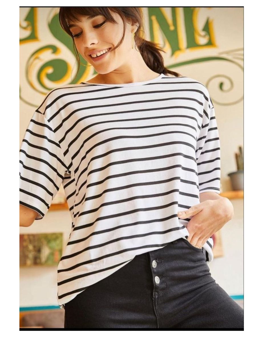 Women's White Striped Loose T-shirt