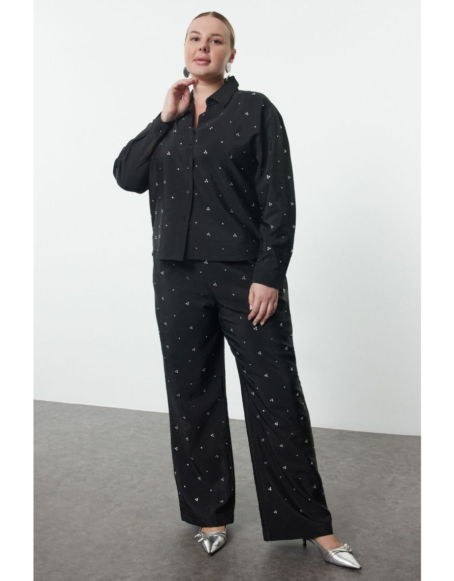 Black Stone Embroidered Elastic Waist Woven Plus Size Shirt-Pants Bottom-Top Set
