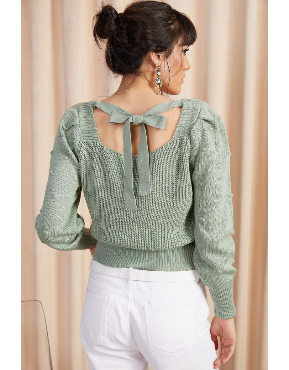 Women's Mint Tie Back Sleeves, Pompom Knitwear Sweater - 4