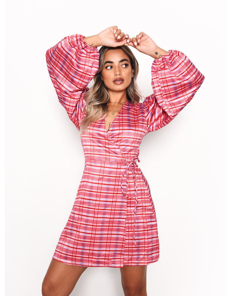 Red Pink Check Wrap Front Mini Dress