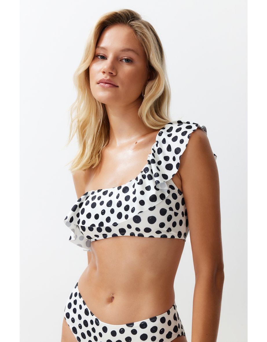 Polka Dot One-Shoulder Flounce Bikini Top