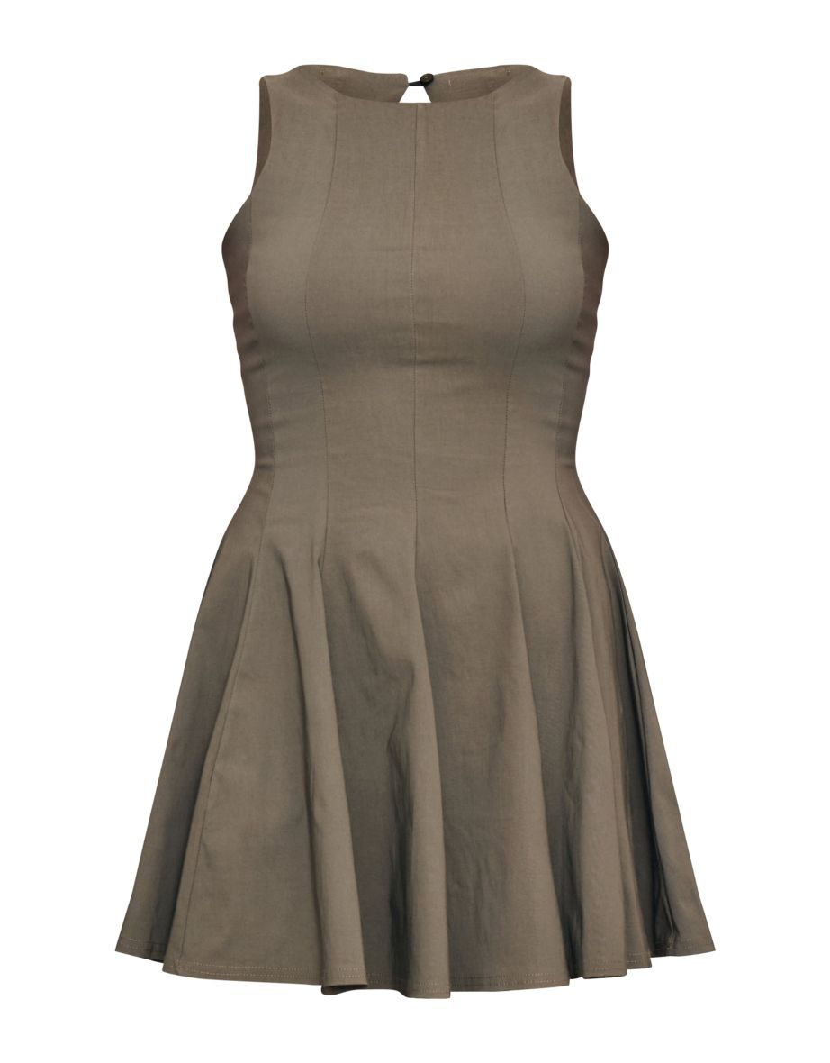 Khaki Stretch Woven Racer Pleated Shift Dress - 4