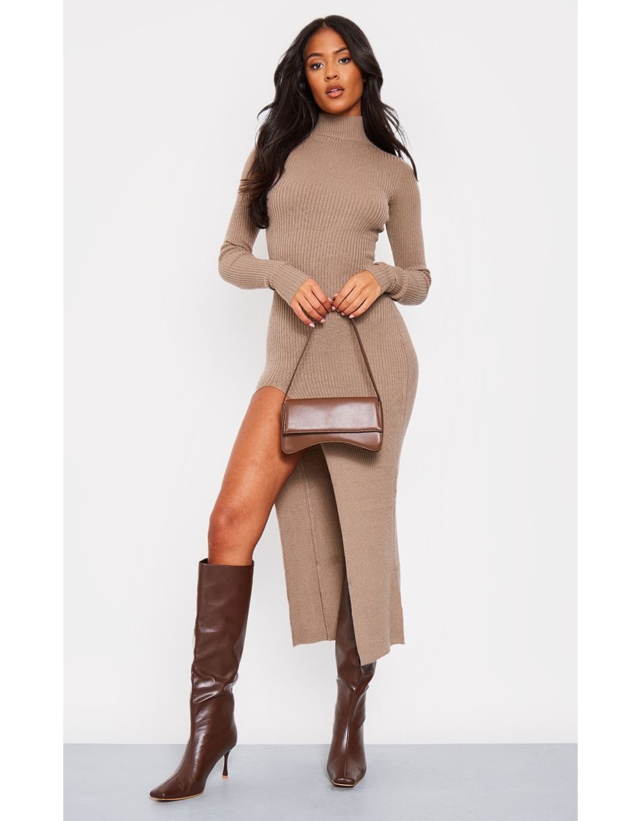 Tall Taupe Knitted Ribbed Side Split Dress