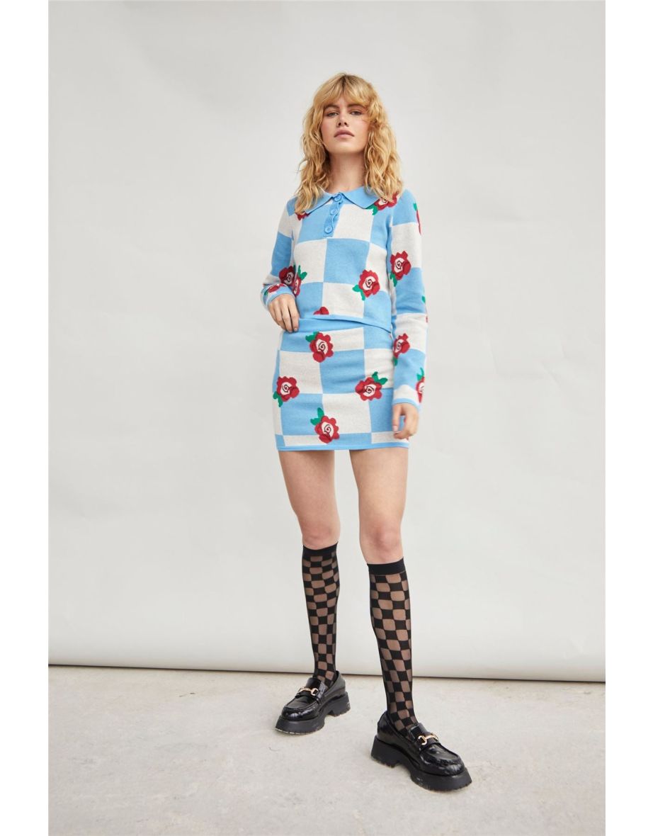Blue Checkerboard Roses Cropped Button Up Sweater