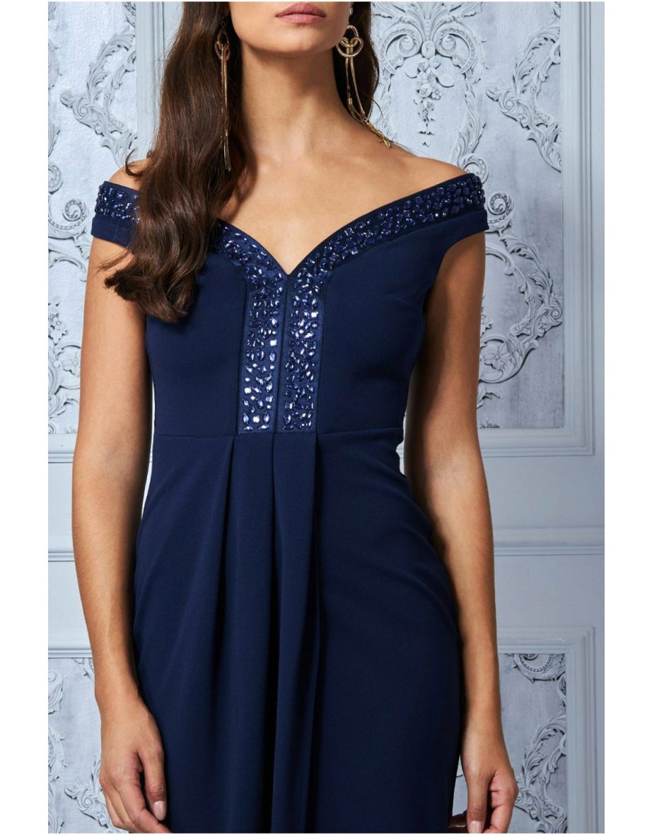Goddiva Off The Shoulder Tulip Maxi Dress - Navy - 3