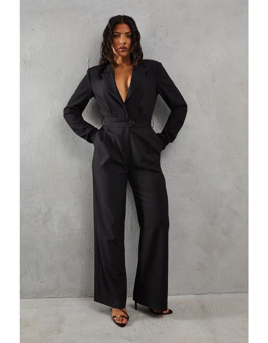 Tailored Collared Belted Long Sleeve Wide Leg Jumpsuit