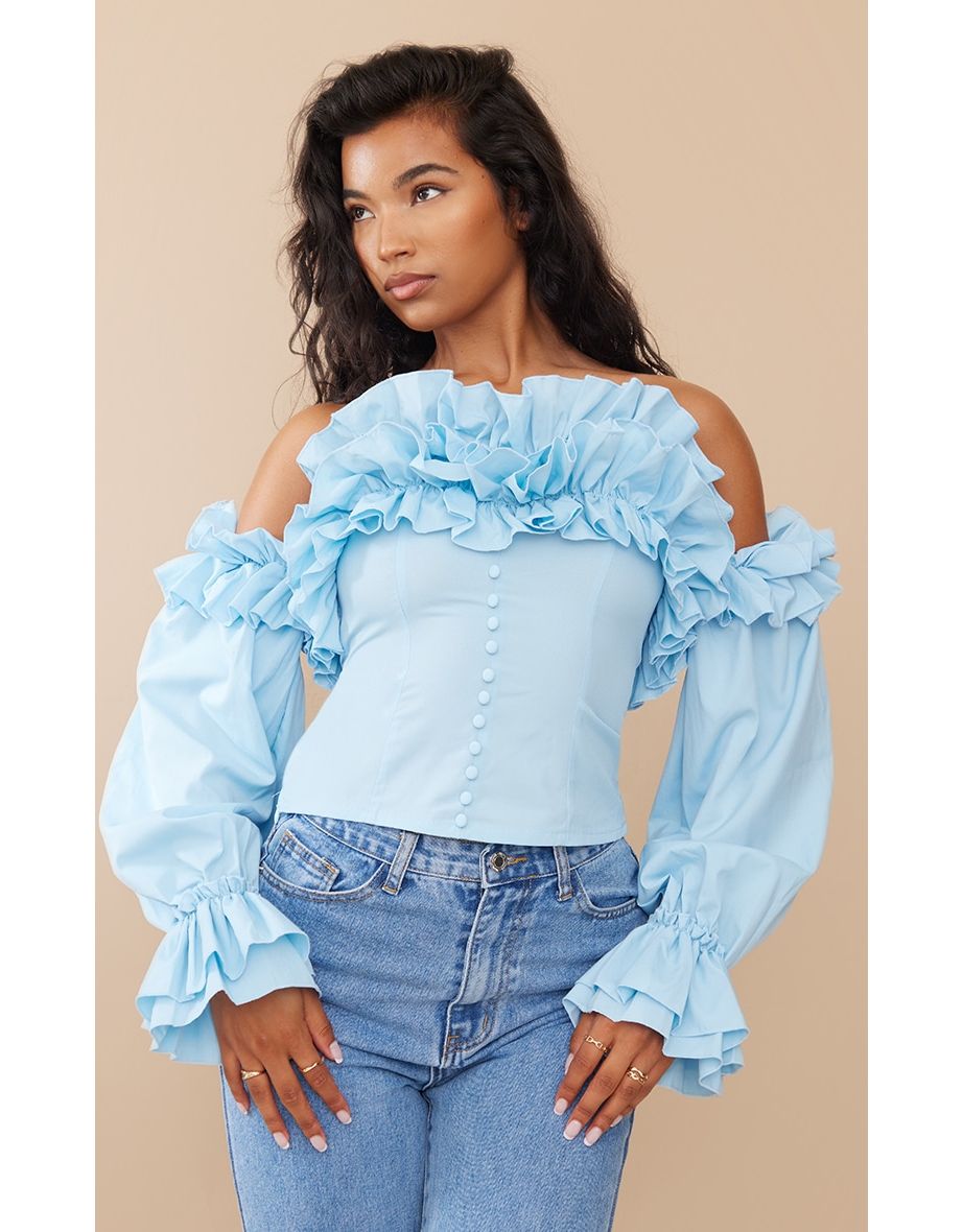 Shop Baby Blue Ruffle Hem Off Shoulder Long Sleeve Blouse Online in Oman VogaCloset