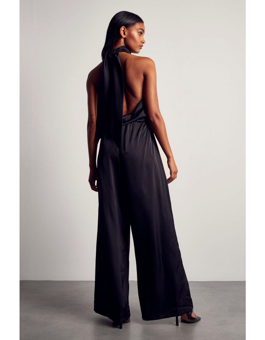 Satin Cowl Neck Open Back Jumpsuit - 2