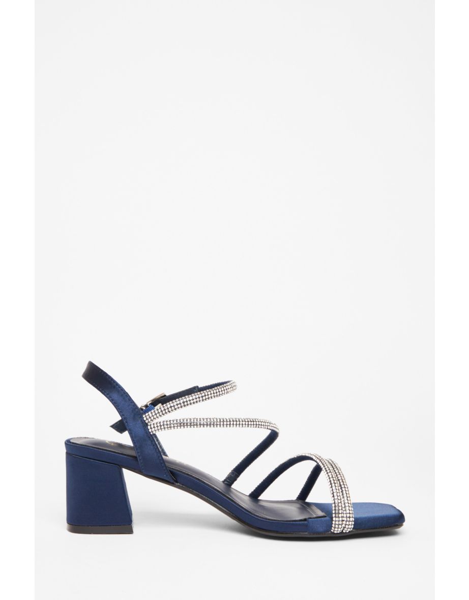 Wide Fit Navy Diamante Block Heels - 4