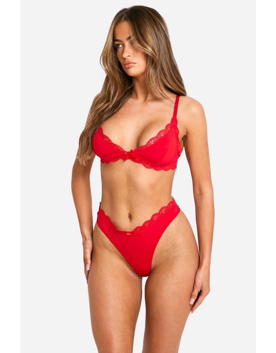 Red Lace Trim Bralette And Thong Set - 2