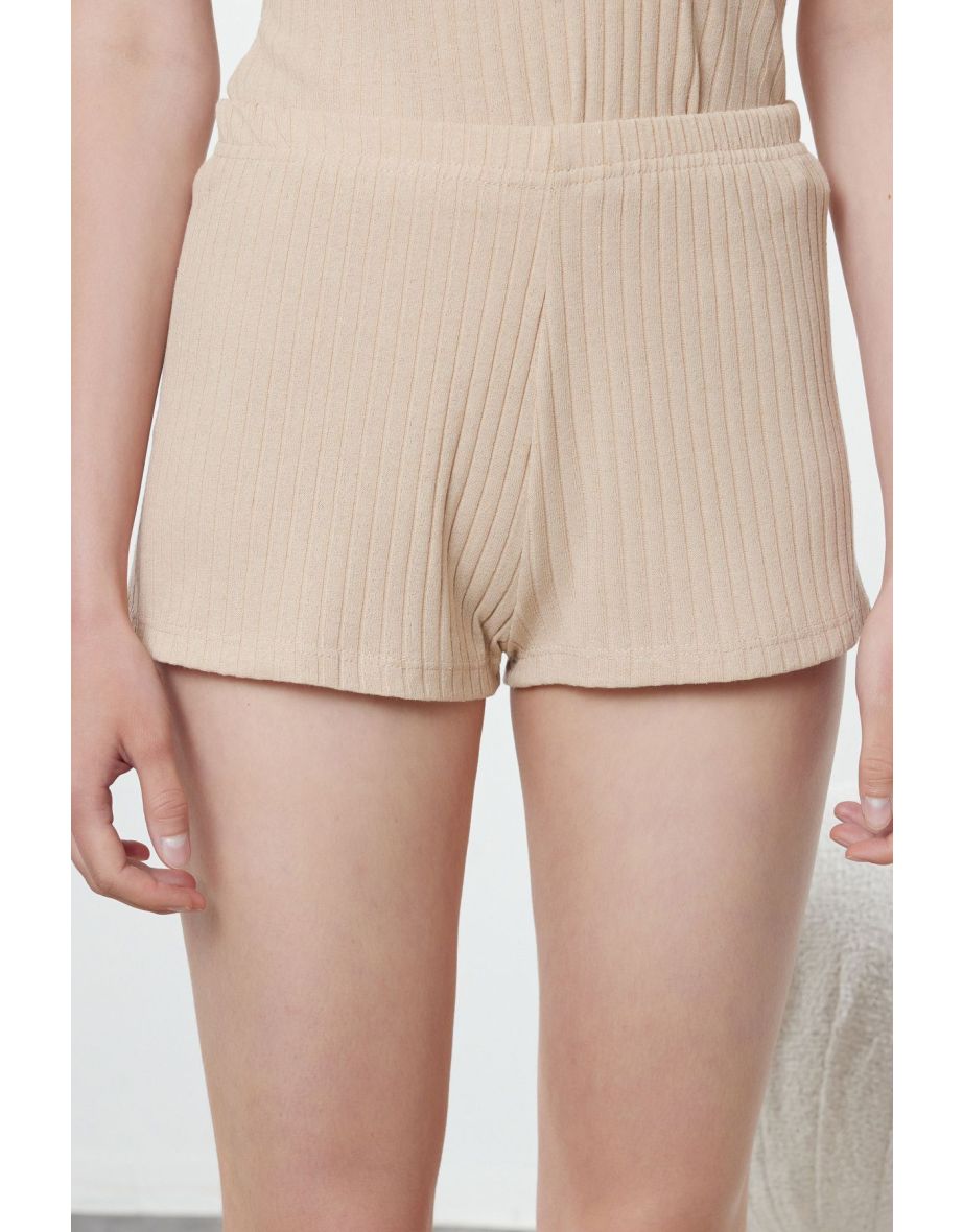 Beige Button Detailed Ribbed Knitted Pajama Set - 3