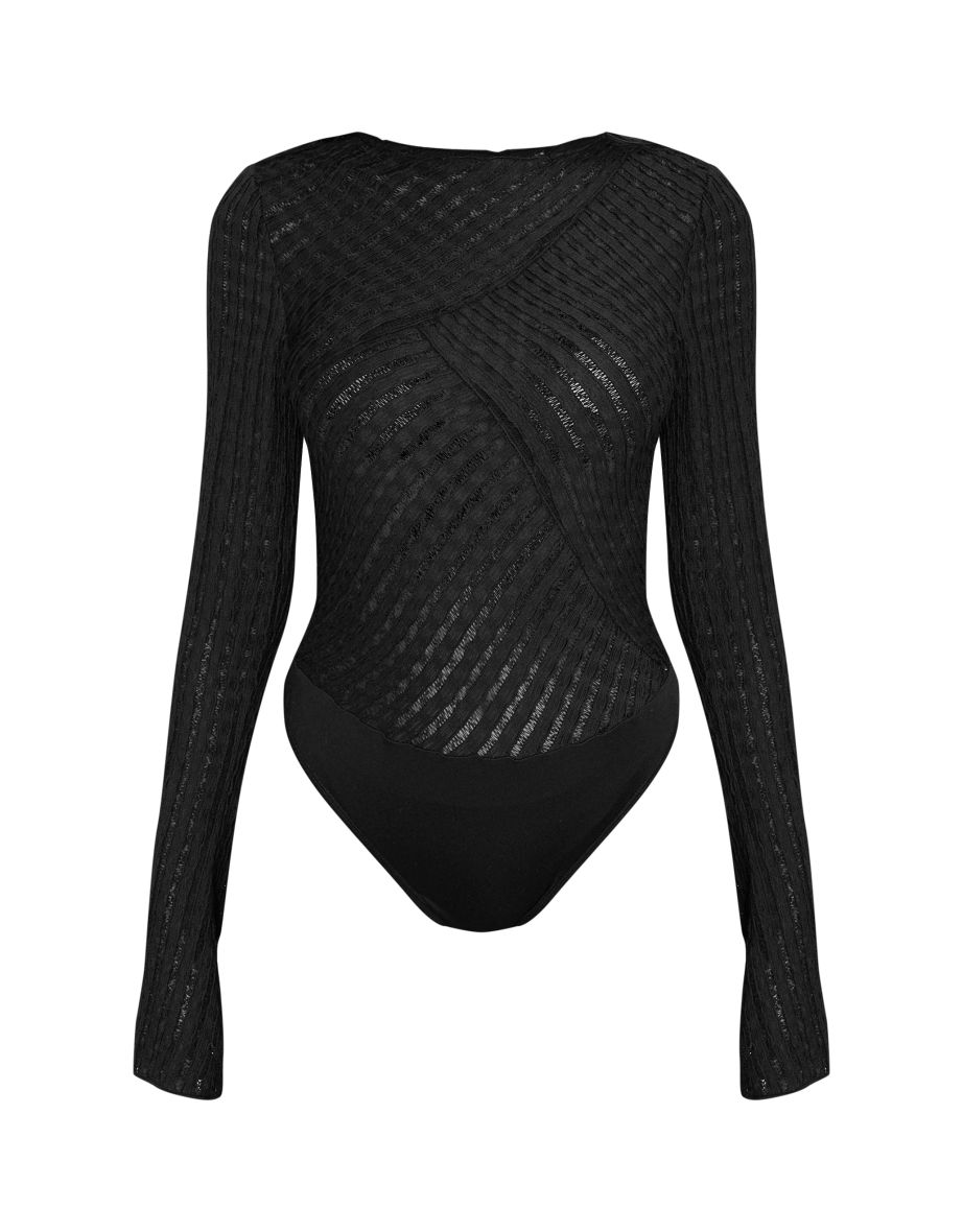 Black Textured Mesh Long Sleeve Bodysuit - 4