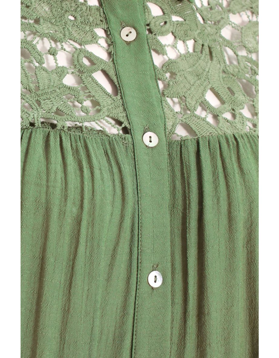 Khaki Crochet Mini Shirt Dress - 5