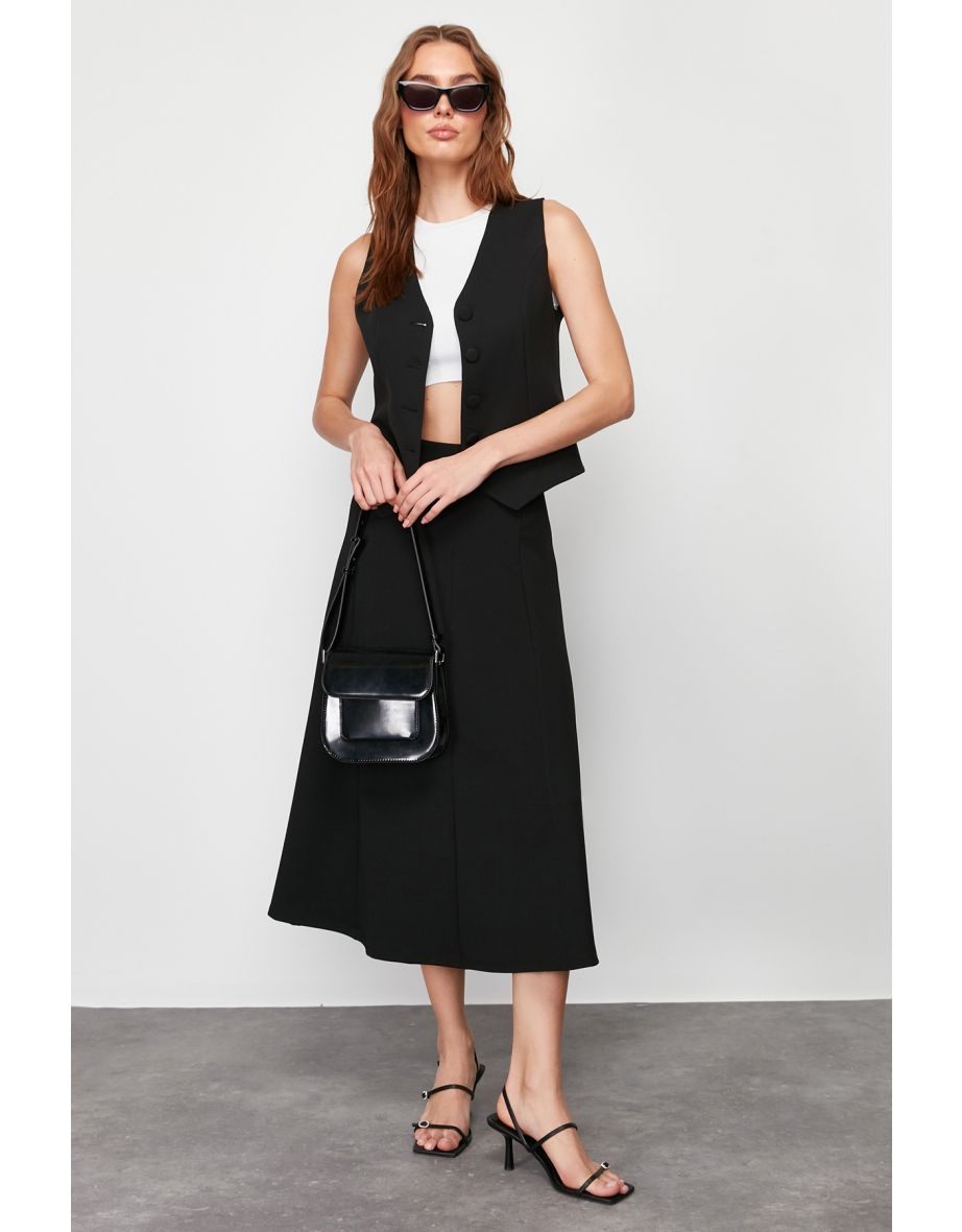 Black Flared Maxi Stretch Knitted Skirt