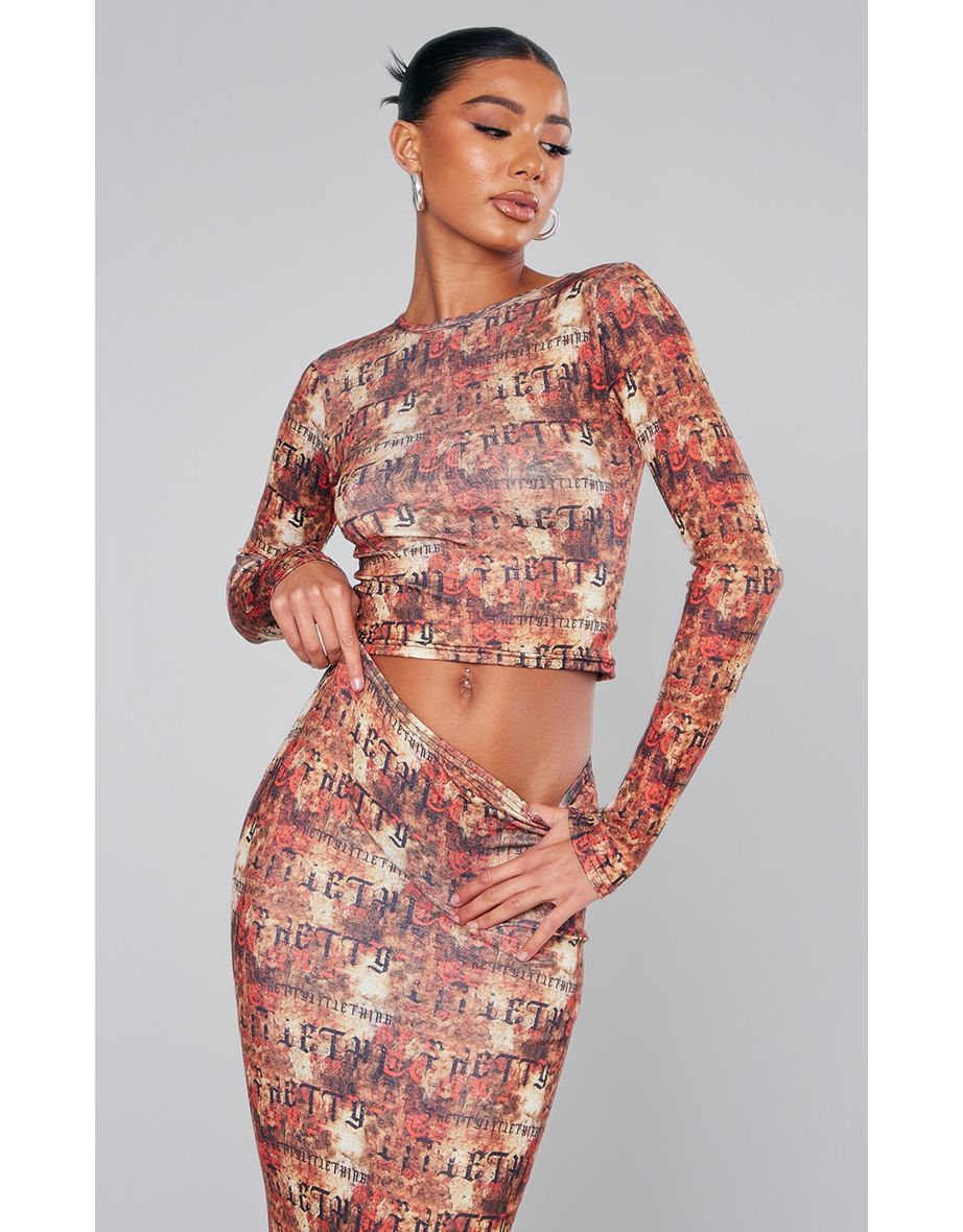 Red Abstract Print Long Sleeved Crop Top