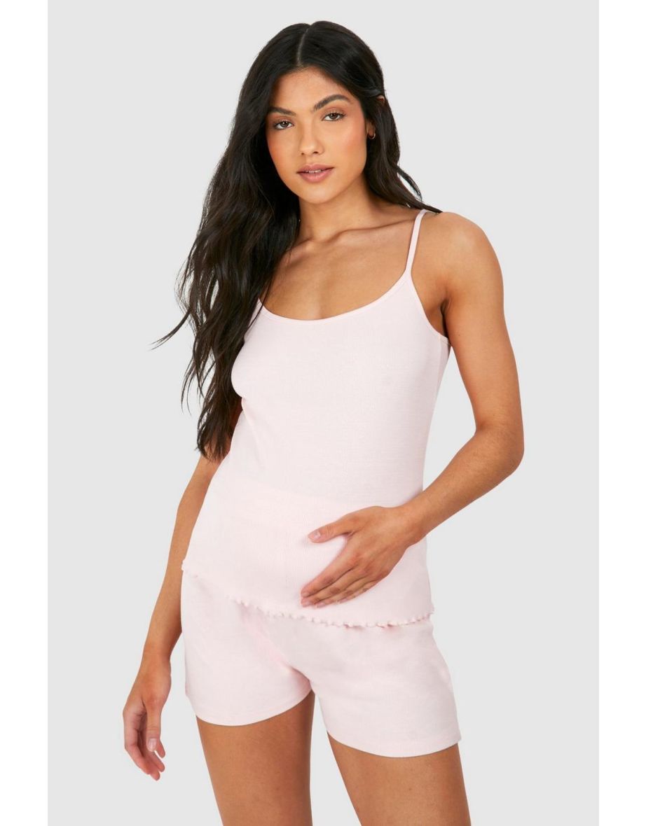 Maternity Ribbed Strappy Cami Pyjama Short Set - baby pink
