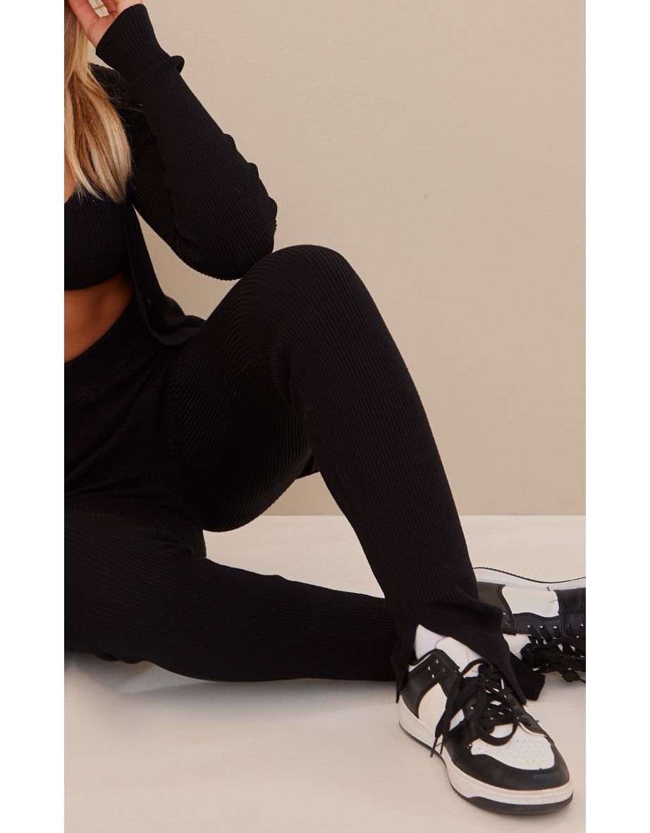 Black Knitted Ribbed Leggings - 3