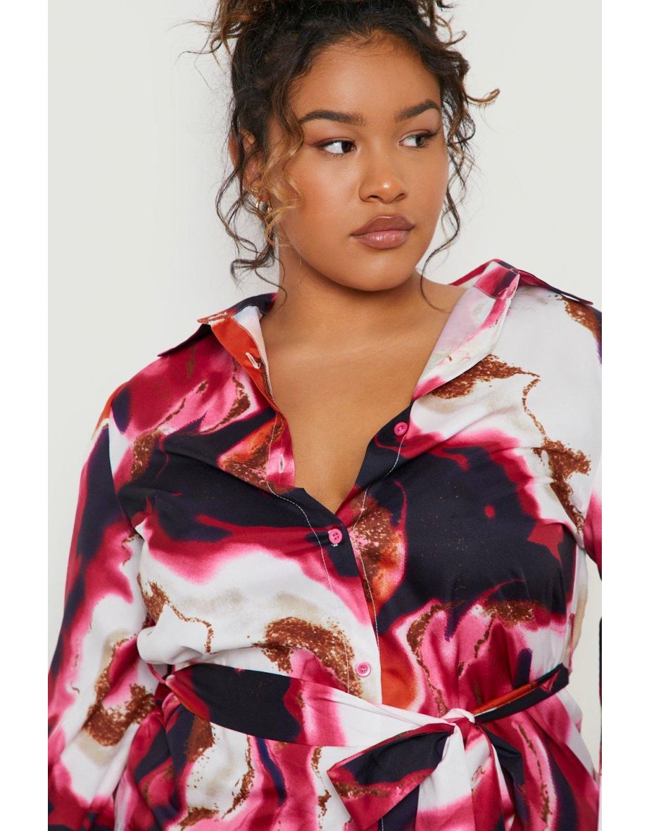 Plus Marble Flare Sleeve Shirt Dress - pink - 3