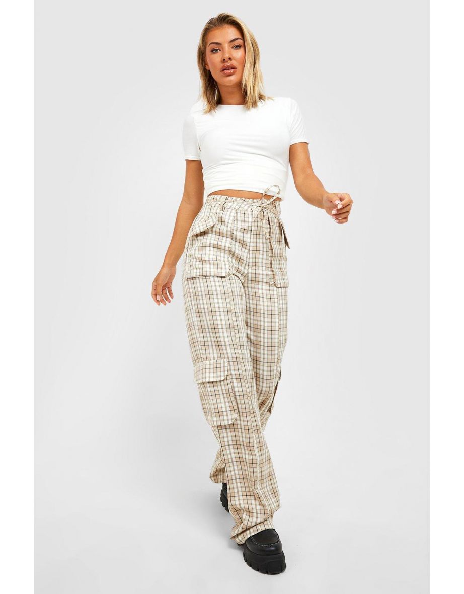 Buckle Belted Tapered Checked Trousers - stone
