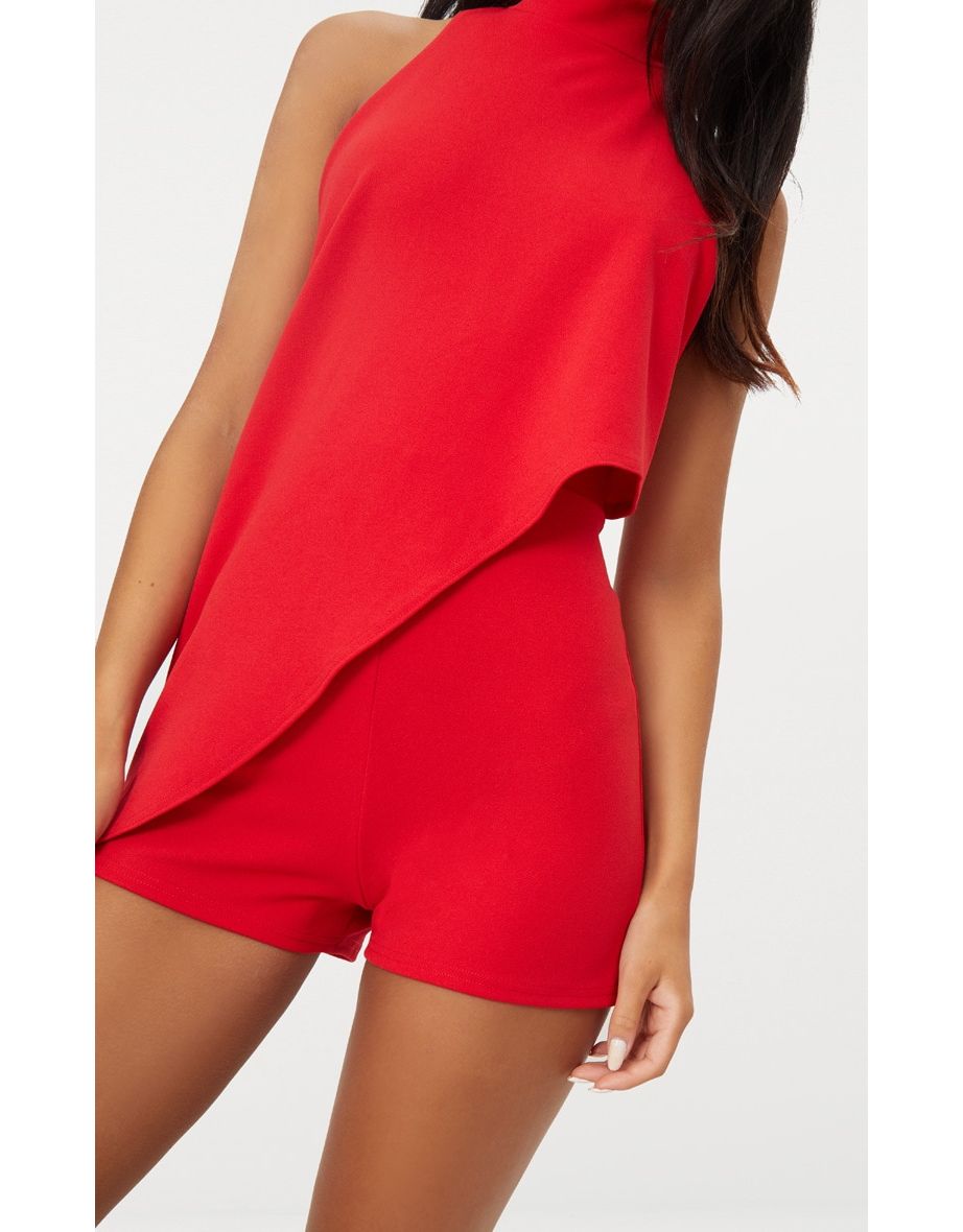 Red Crepe Drape Playsuit - 3