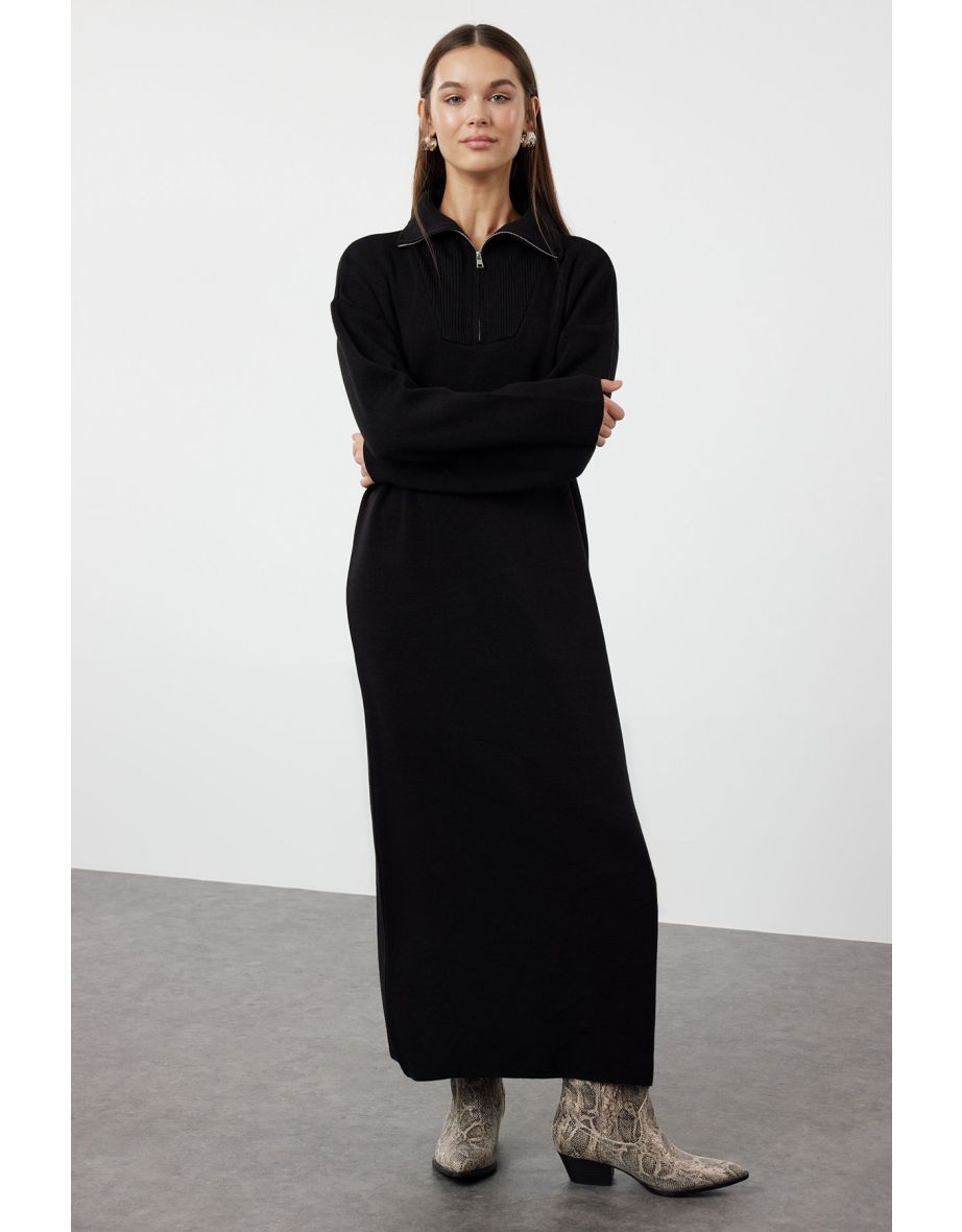 Black Zippered Collar Knitwear Dress