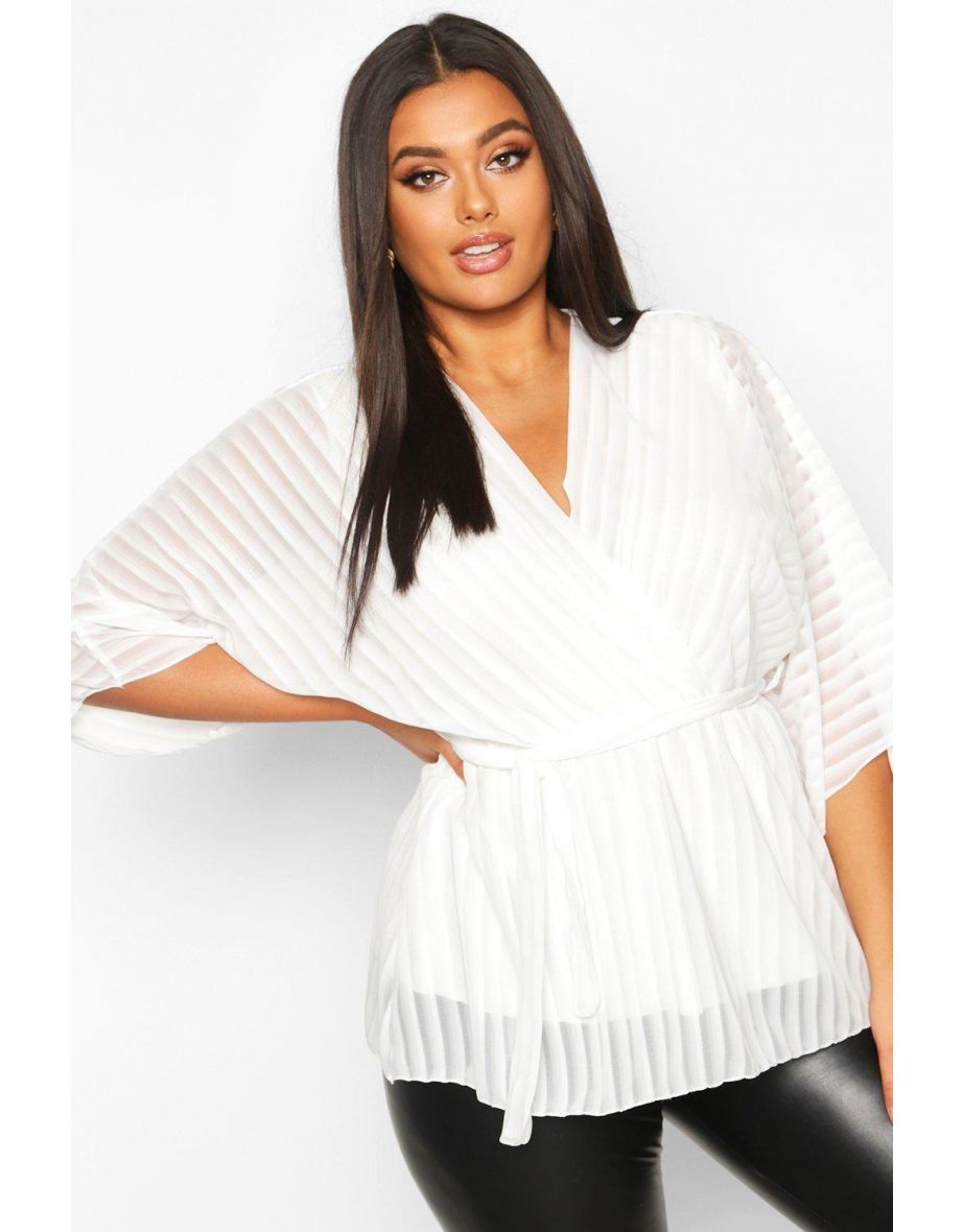 Plus Stripe Kimono Sleeve Peplum Wrap Tie Blouse - black - 3