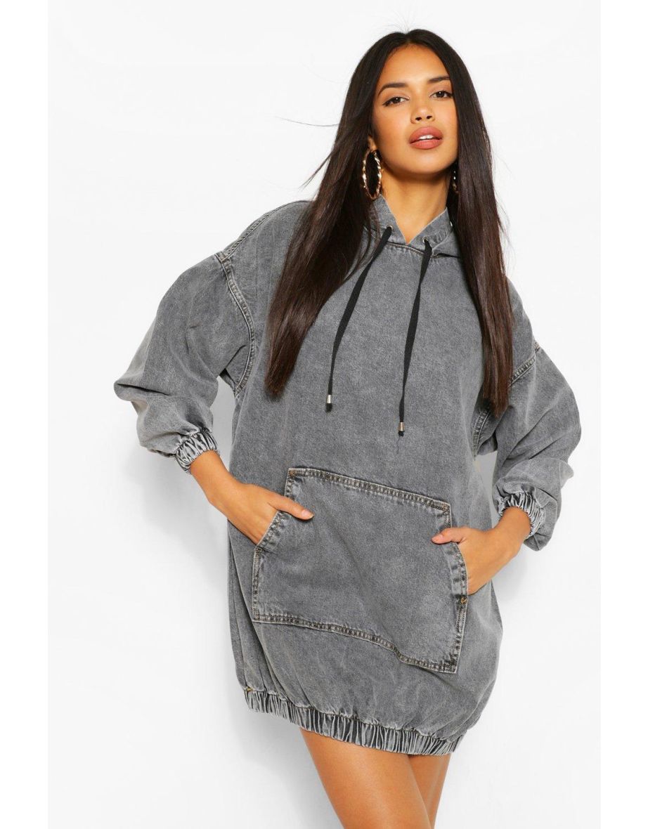 Hooded Denim Pullover Dress - grey - 3