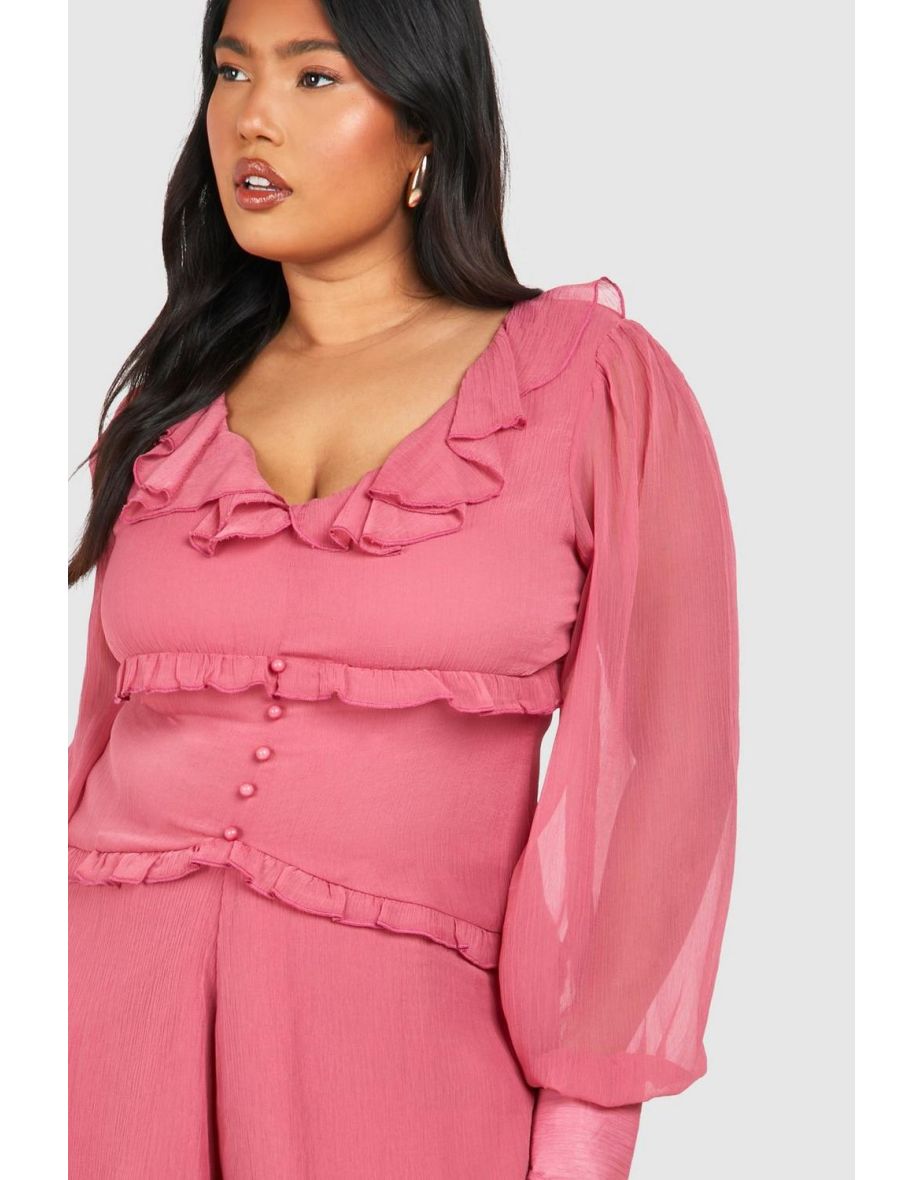 Plus Woven Ruffle Detail Long Sleeve Playsuit - pink - 3