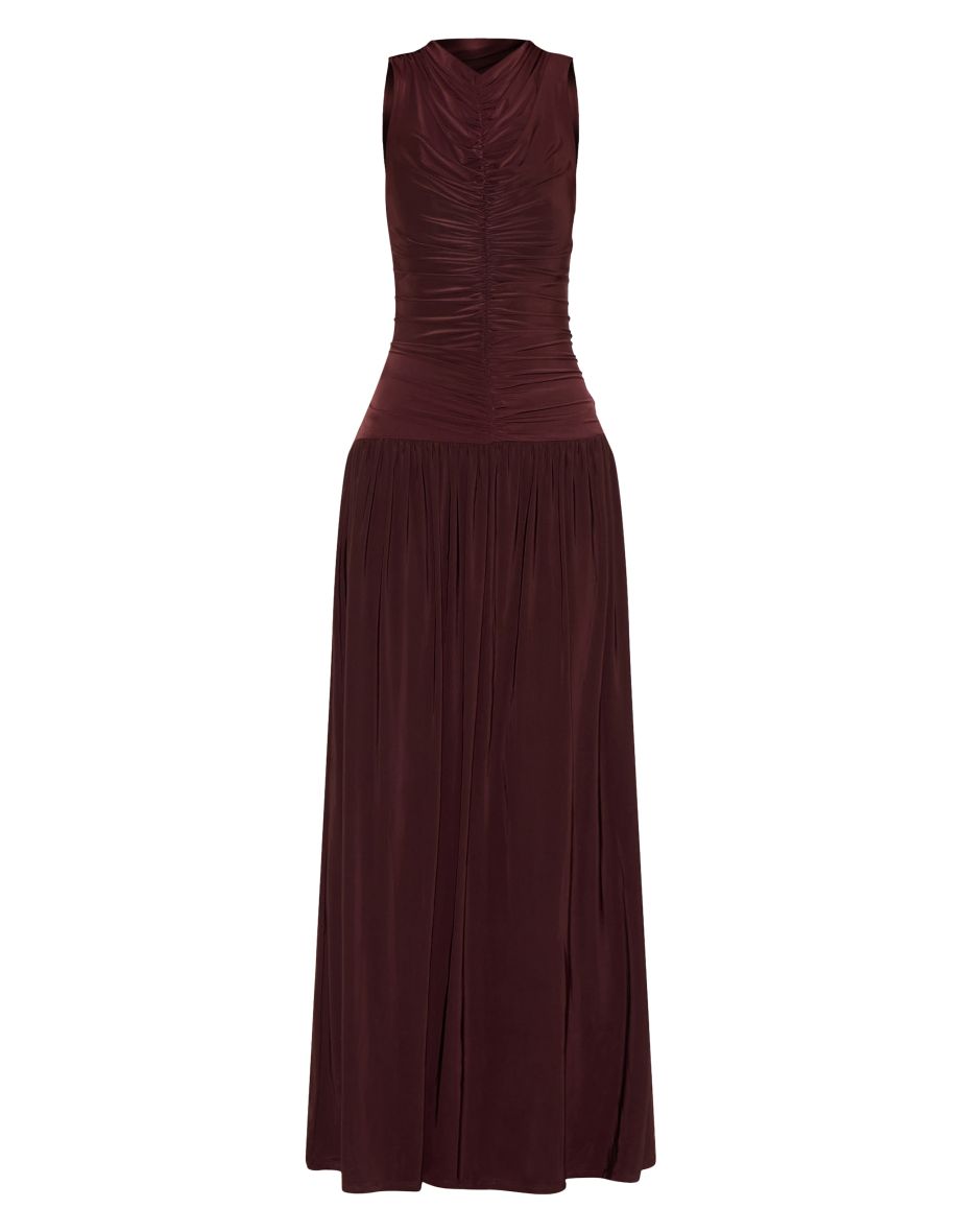 Chocolate Double Layer Soft Touch Drop Waist Ruched Maxi Dress - 4