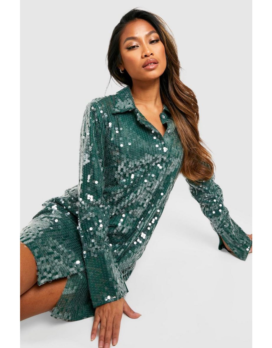 Shop Sequin Split Cuff Power Shoulder Shirt Party Dress bottle green Online in Oman VogaCloset