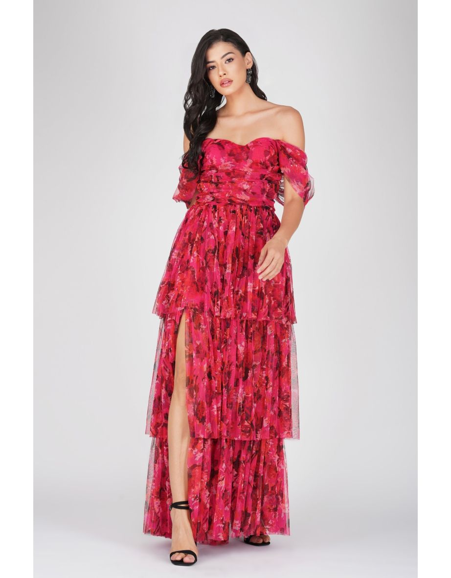 Sydney Tulle Maxi Dress in Red Pink Print