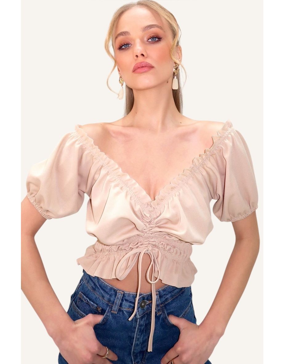 Women's Camel Madonna Collar Elastic Waist And Sleeves Gathered Front Crop Woven Blouse