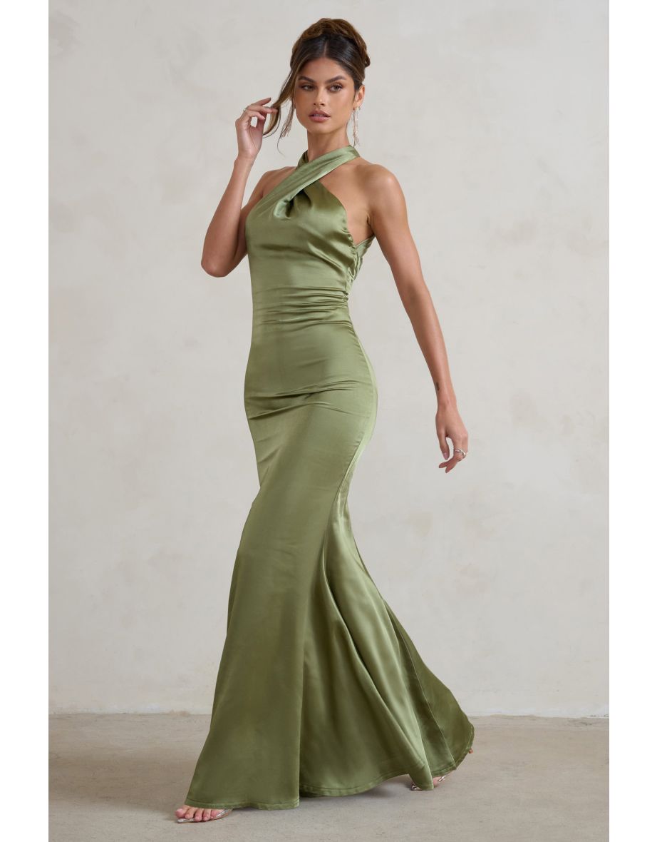 Unstoppable | Olive Green Satin Cross Over Halter Neck Maxi Dress - 5