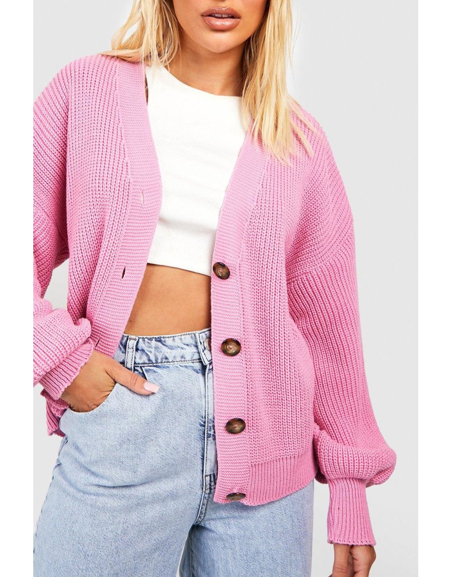 Balloon Sleeve Button Through Rib Cardigan - pink - 3