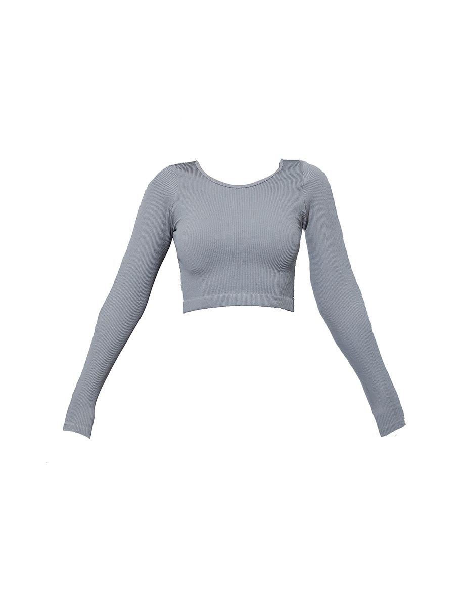 Dark Grey Structured Contour Ribbed Round Neck Long Sleeve Crop Top - 4