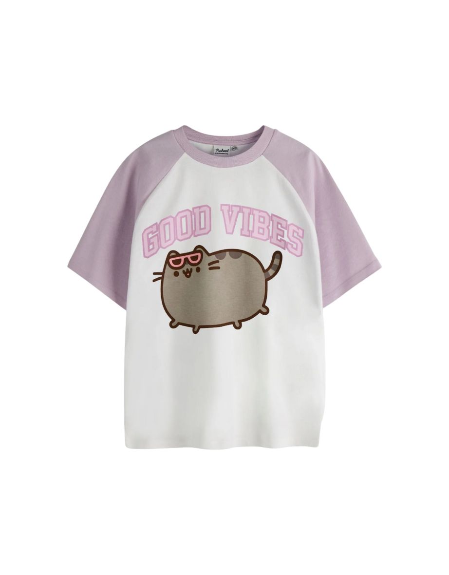 Pusheen Girls Good Vibes Raglan T-Shirt - White/Pink