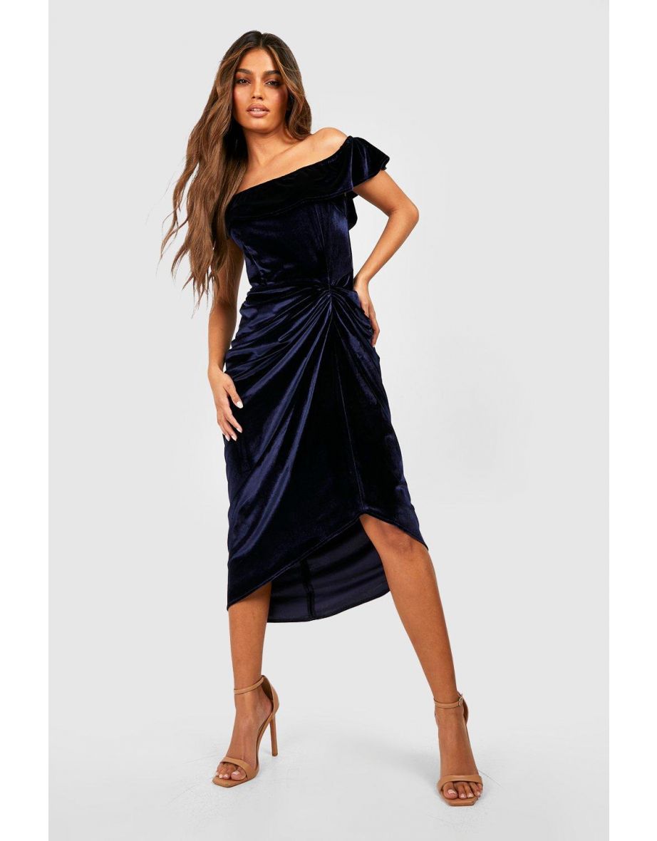 Drape Sleeve Velvet Ruched Dress - navy