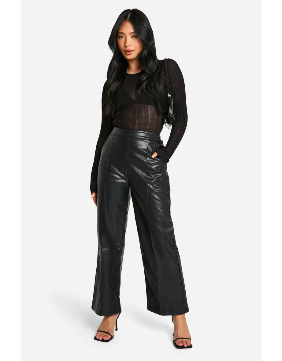 Petite Straight Leg Faux Leather Trouser - black