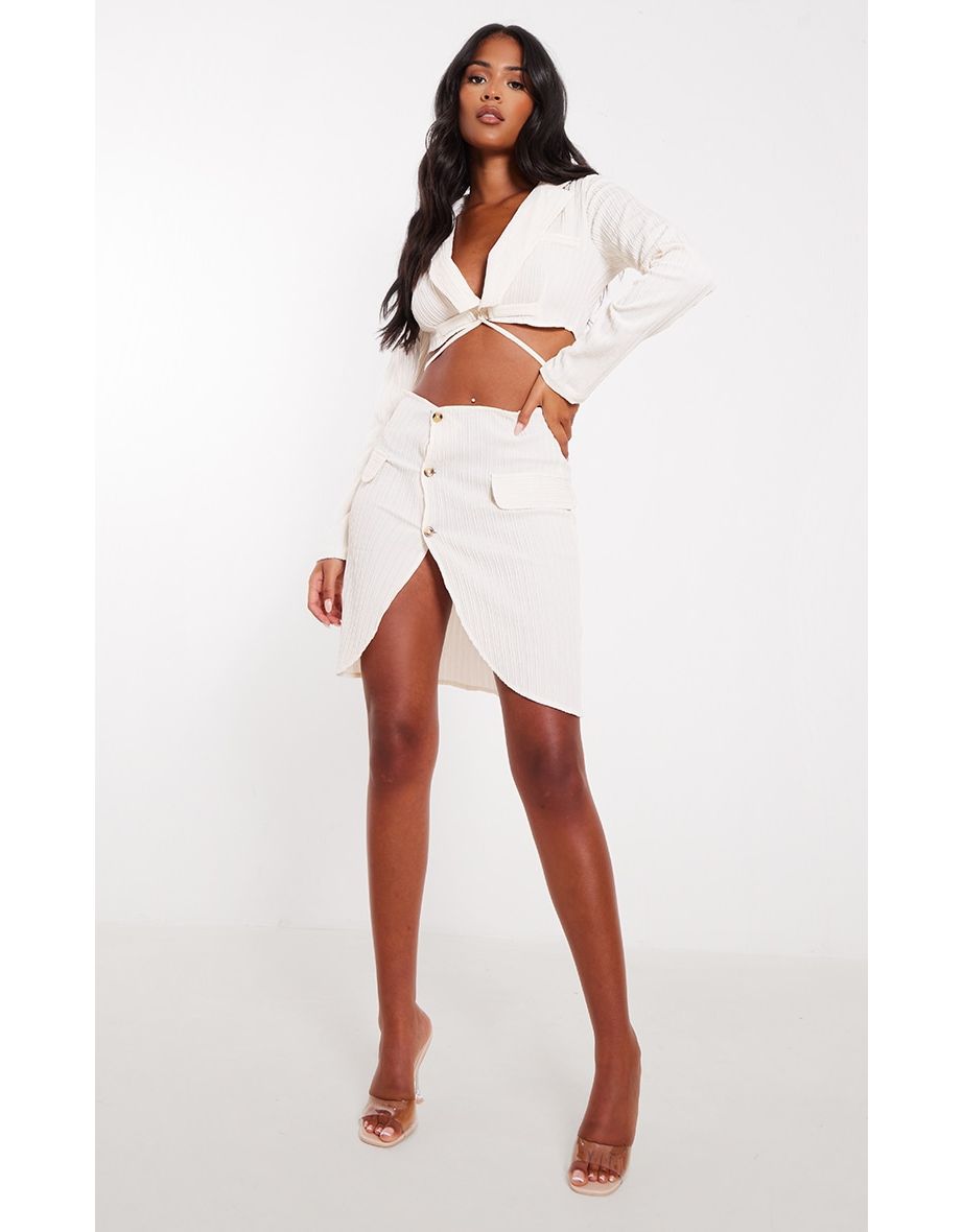 Shop Tall Beige Textured Button Front Mini Skirt Online in Bahrain VogaCloset