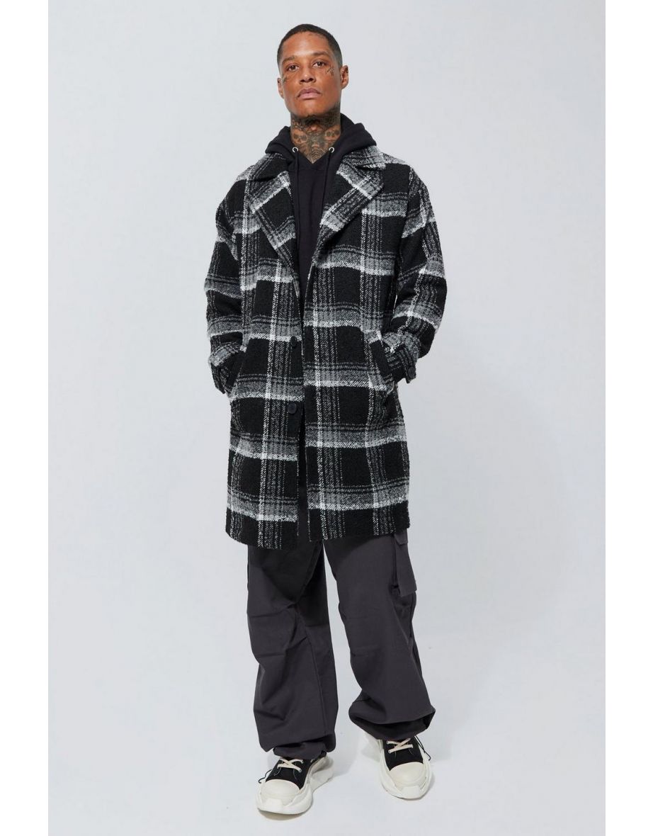 Wool Look Check Single Breasted Overcoat - black