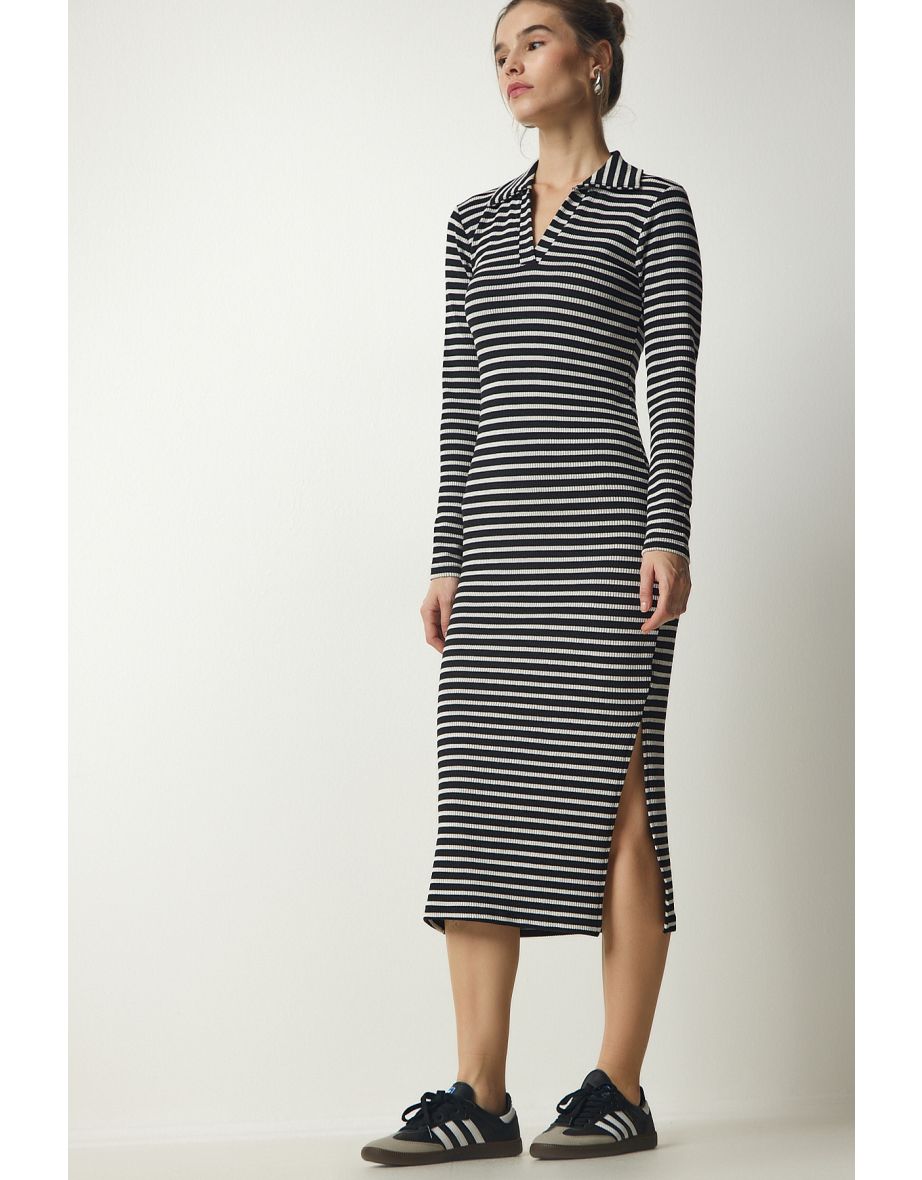 Women's Black Polo Neck Striped Camisole Dress